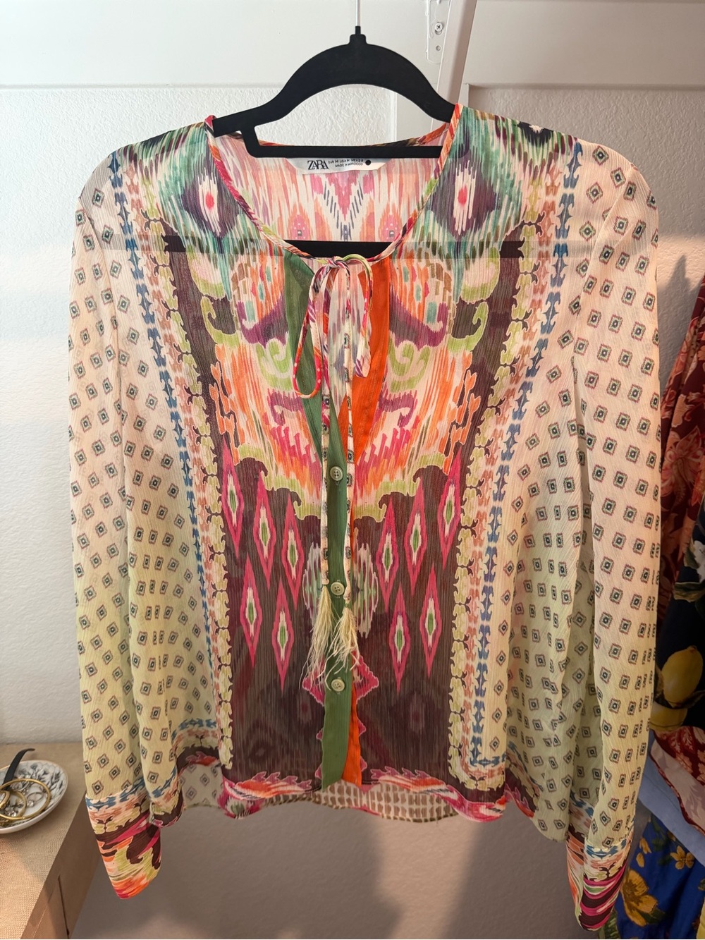 Zara Multicolor Boho Tie-Neck Blouse - Pink, Green, Orange